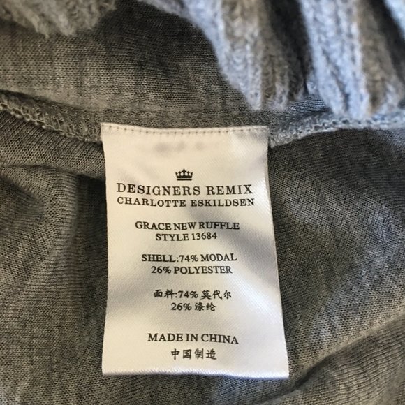 Designer Remix gray crew neck sweater with ruffles at hem and mid arm - Picture 4 of 5